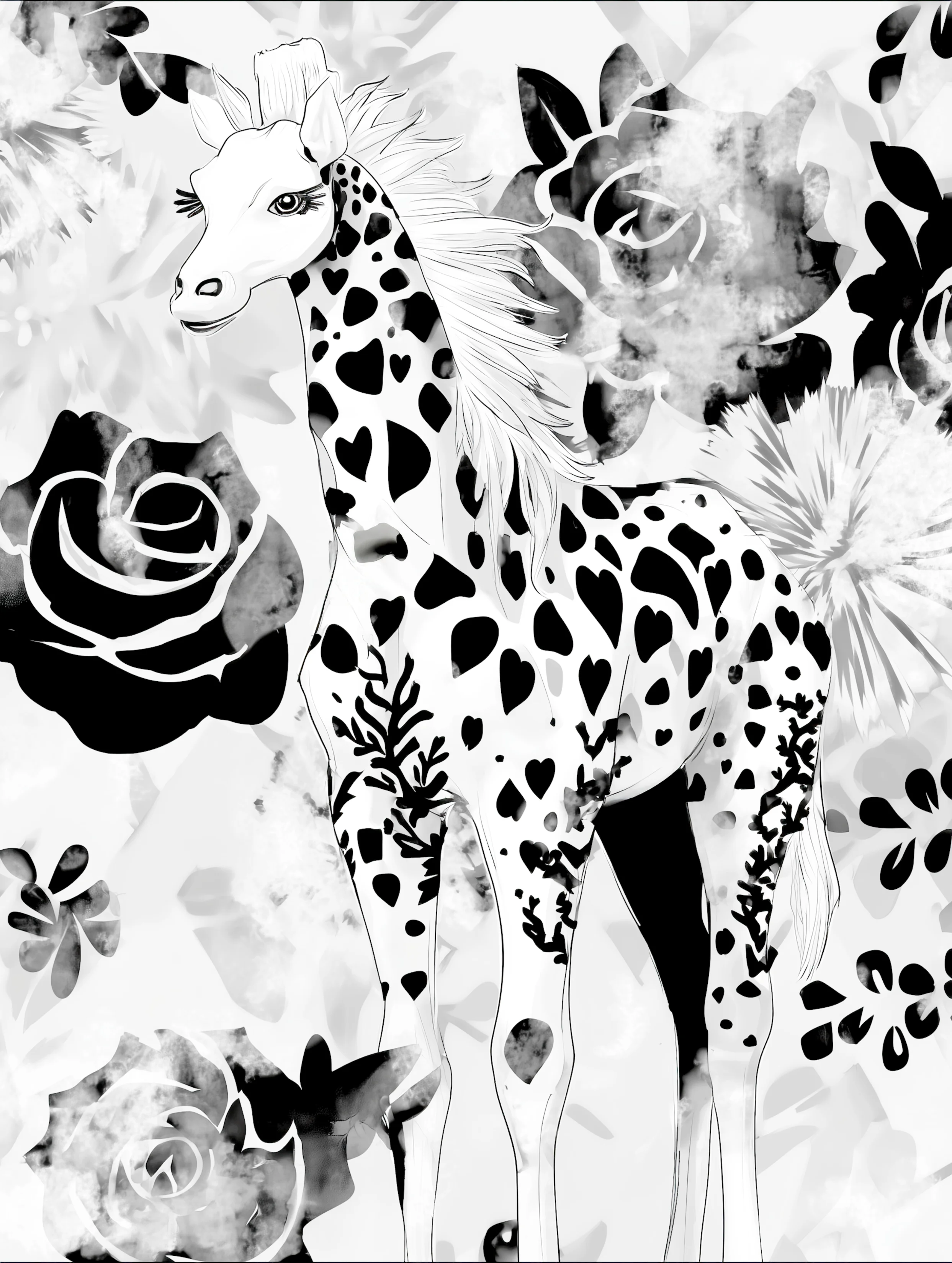 Free printable giraffe coloring page featuring wispy giraffe